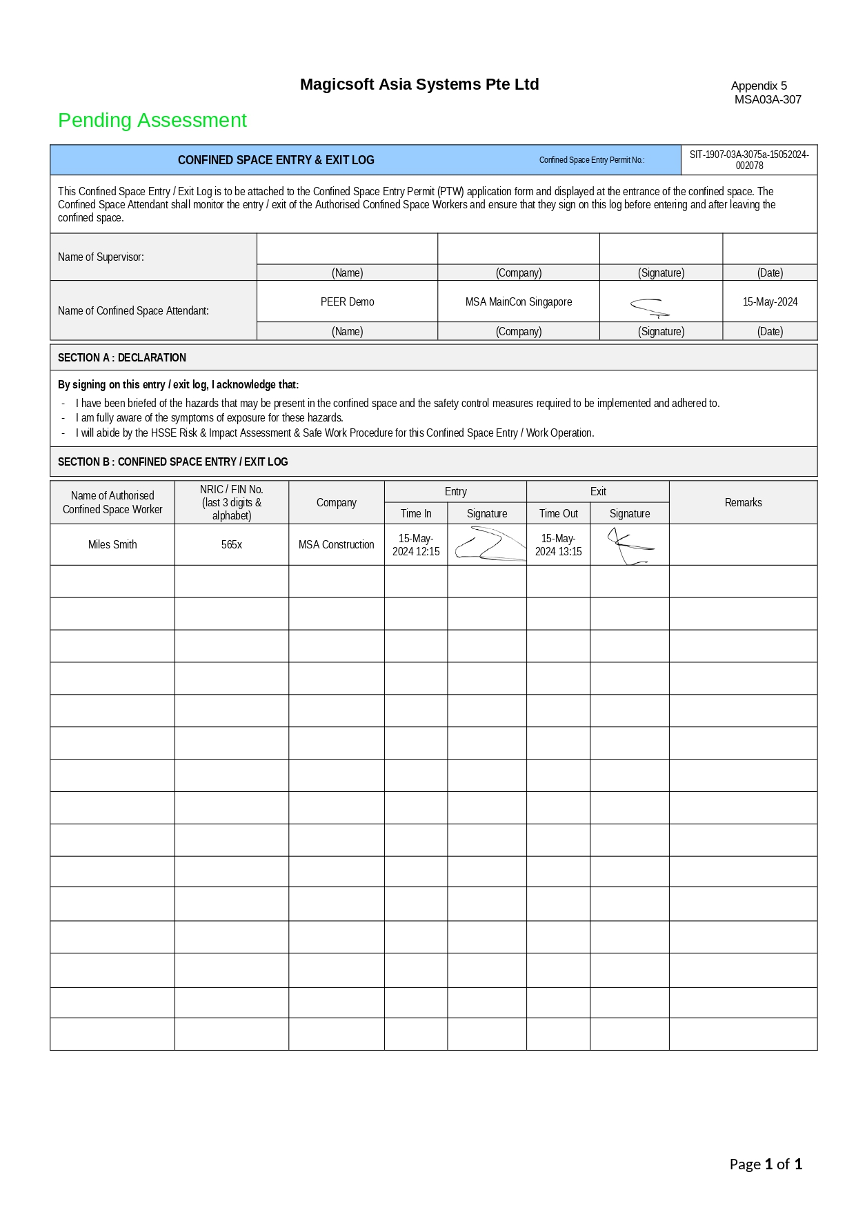 Confined Space Entry and Exit Log