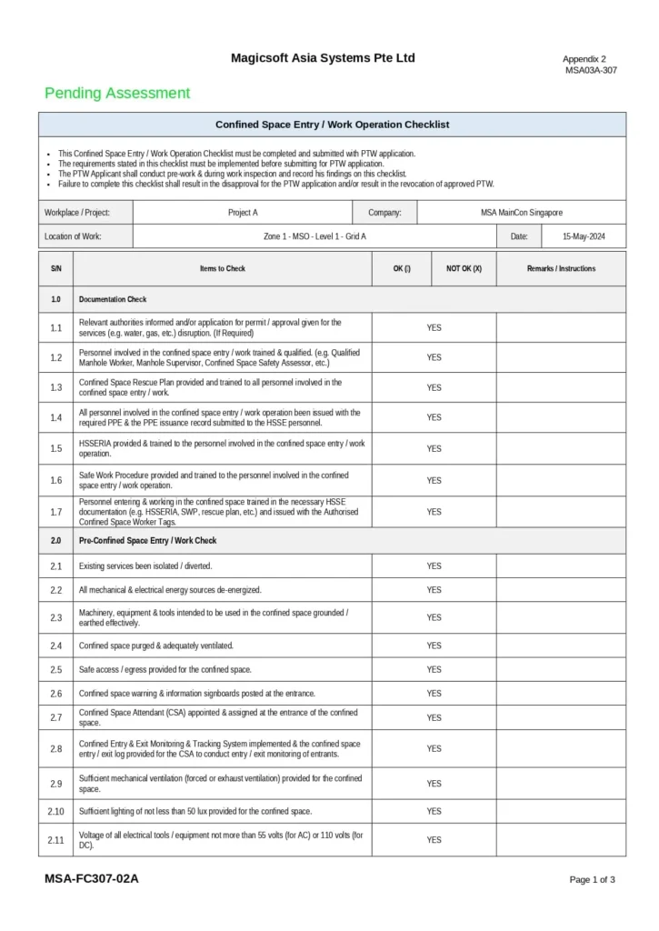 Confined Space Entry Work Operation Checklist