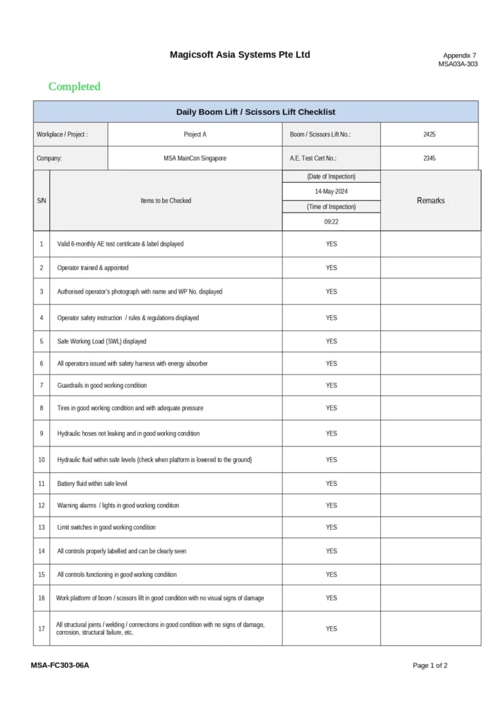 Daily Boomlift-Scissors Lift Checklist