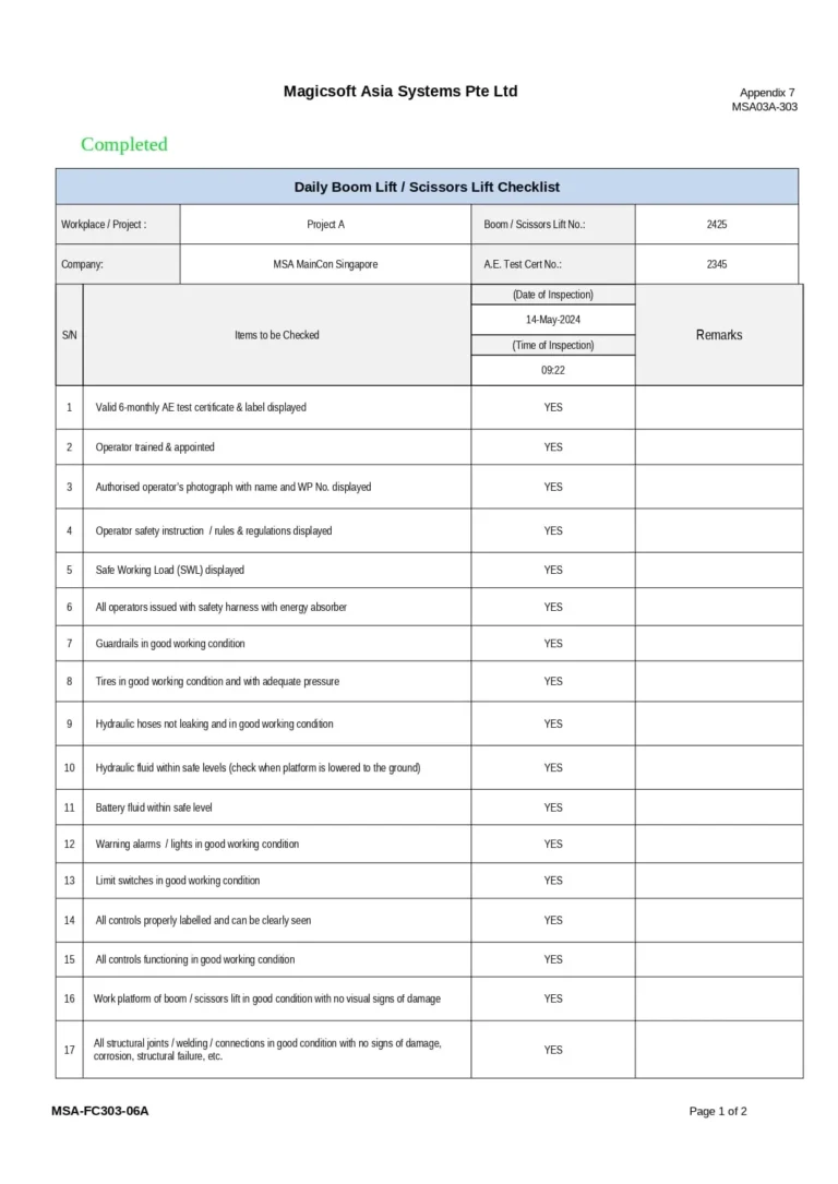 Daily Boom Lift/Scissors Lift Checklist