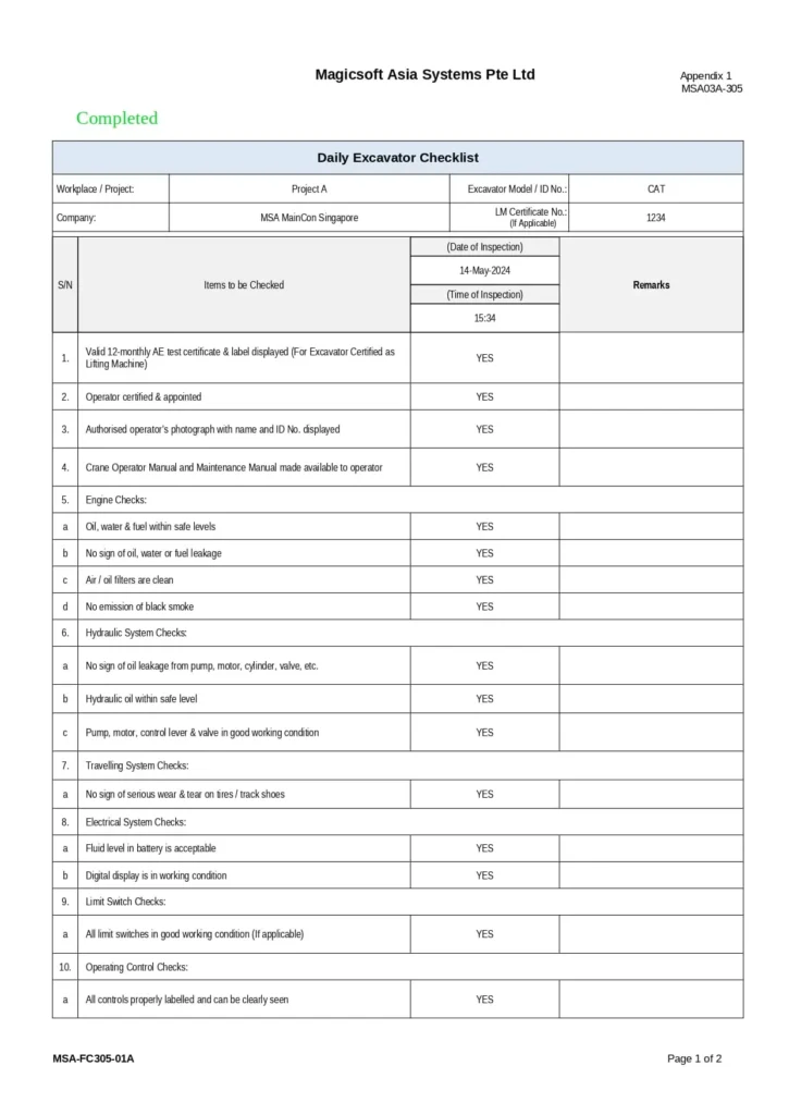 Daily Excavator Checklist