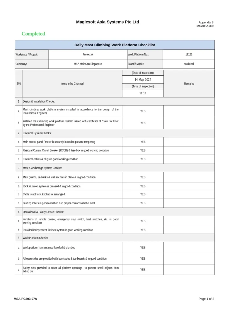 Daily Mast Climbing Work Platform Checklist