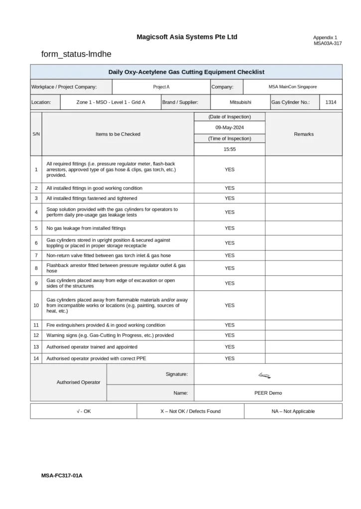 Daily Oxy-Acetylene Gas Cutting Equipment Checklist
