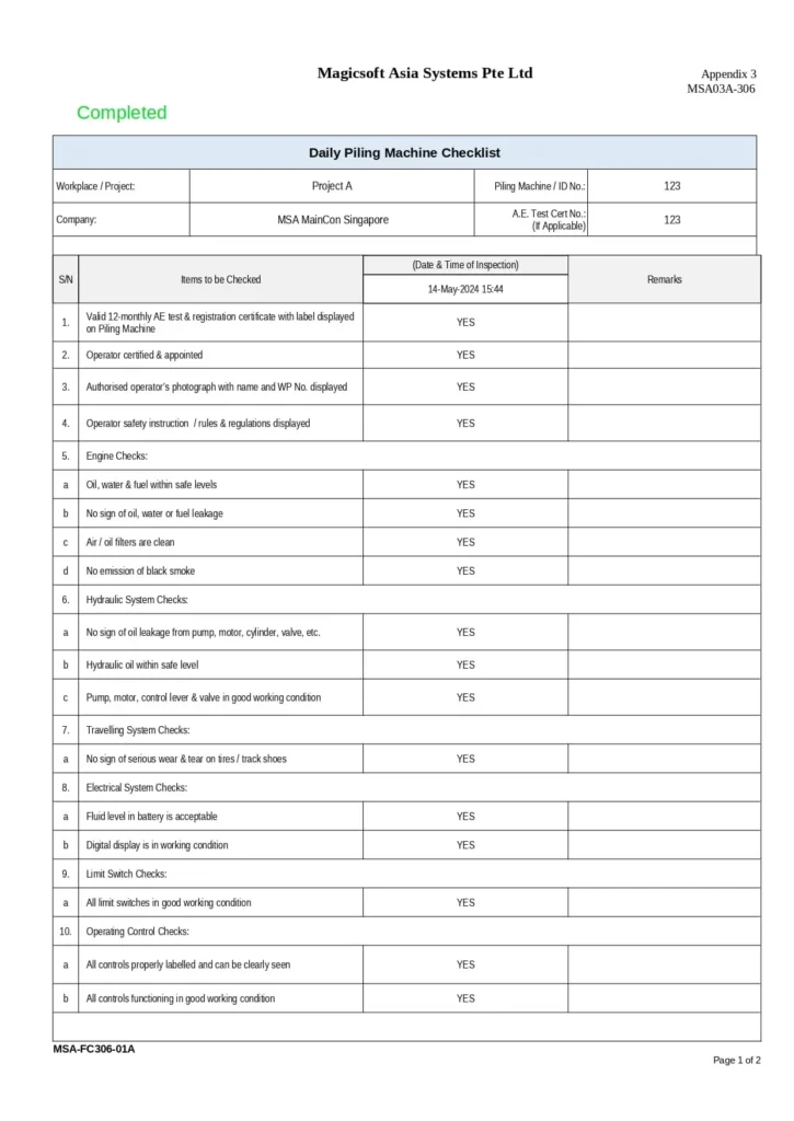 Daily Piling Machine Checklist