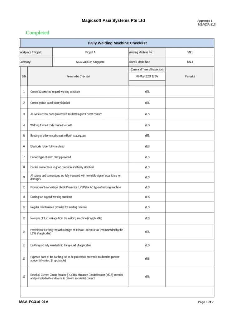 Daily Welding Machine Checklist