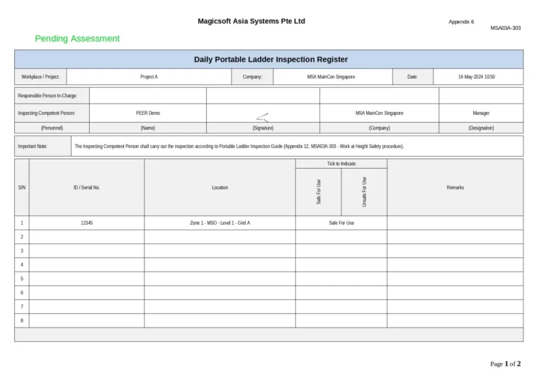 Daily Portable Ladder Inspection Register