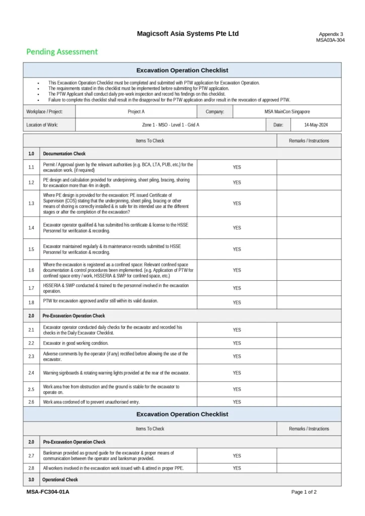 Excavation Operation Checklist