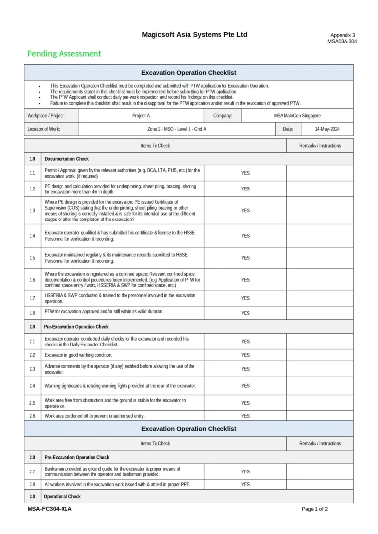 Excavation Operation Checklist