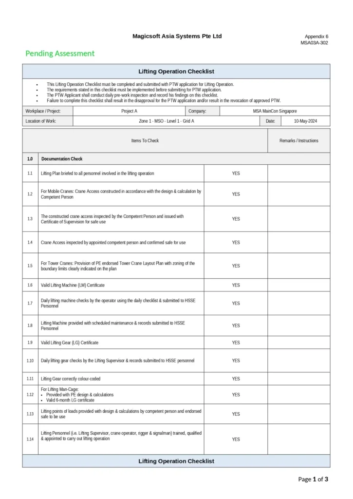 Lifting Operation Checklist