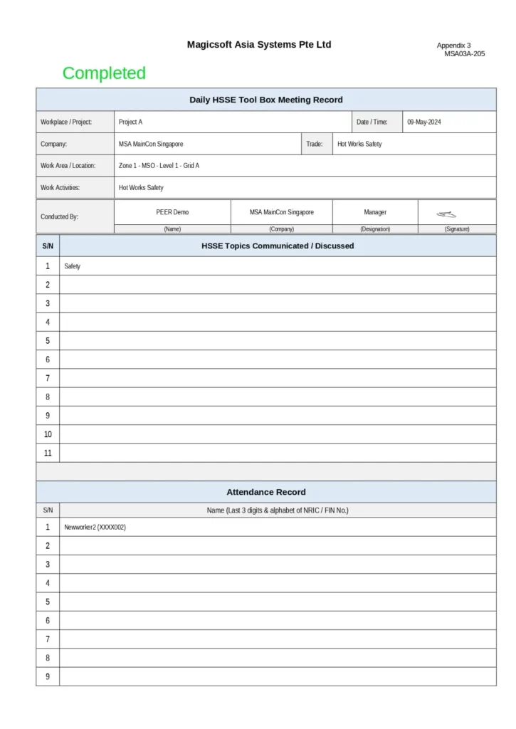 Daily HSSE Tool Box Meeting Record