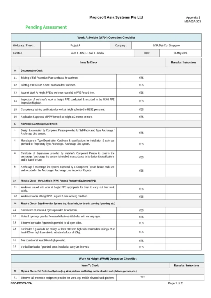 WAH Operation checklist