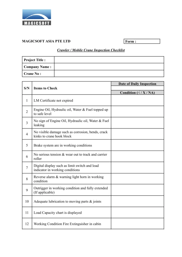 Crawler Mobile Crane Inspection Checklist - Company D