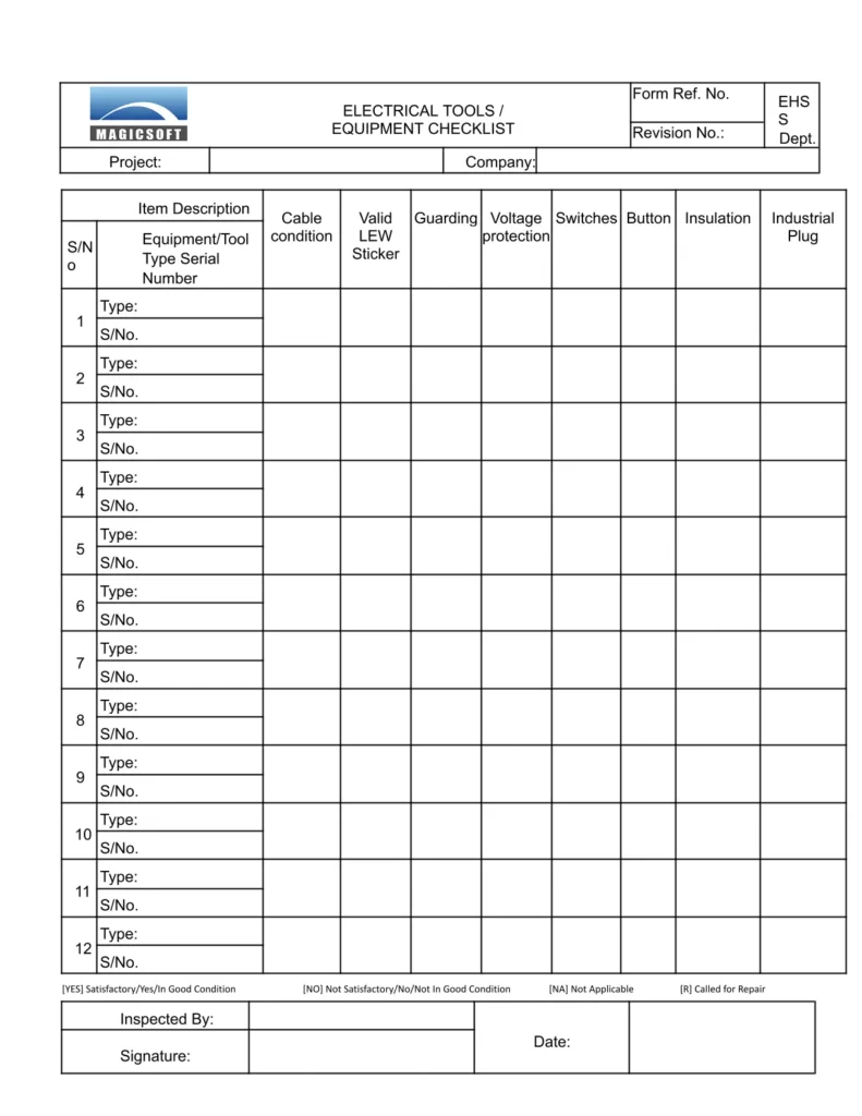 Electrical tools operator Checklist