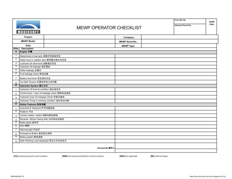 Mobile Elevating Work Platform (MEWP) Operator Checklist