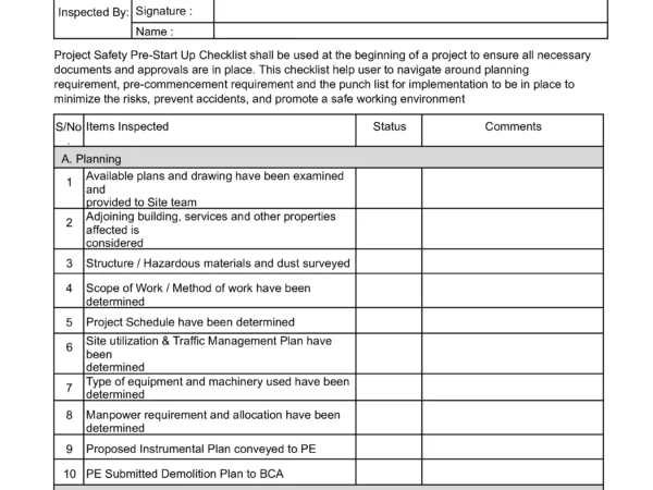 Project Safety Pre-Start Up Checklist