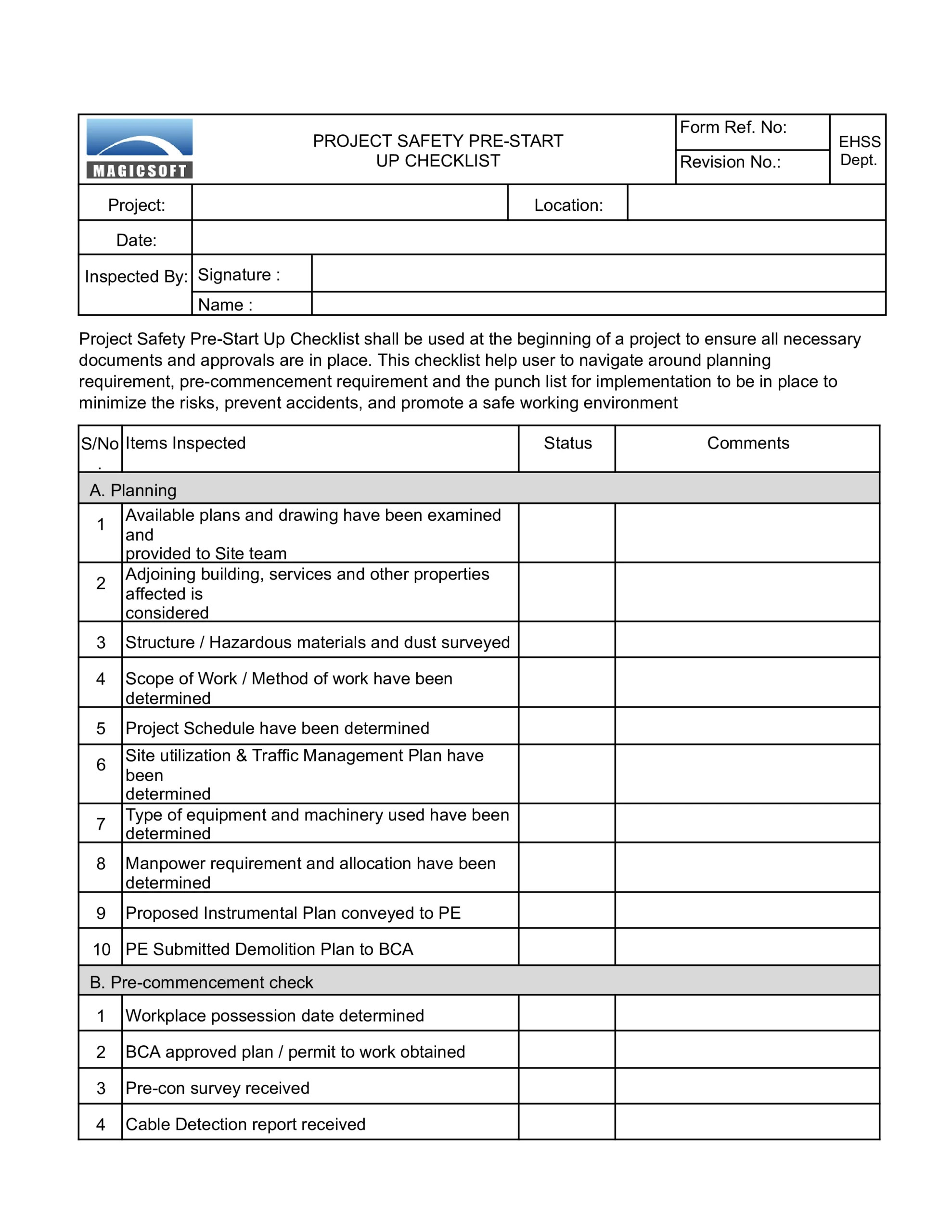 Project Safety Pre-Start Up Checklist