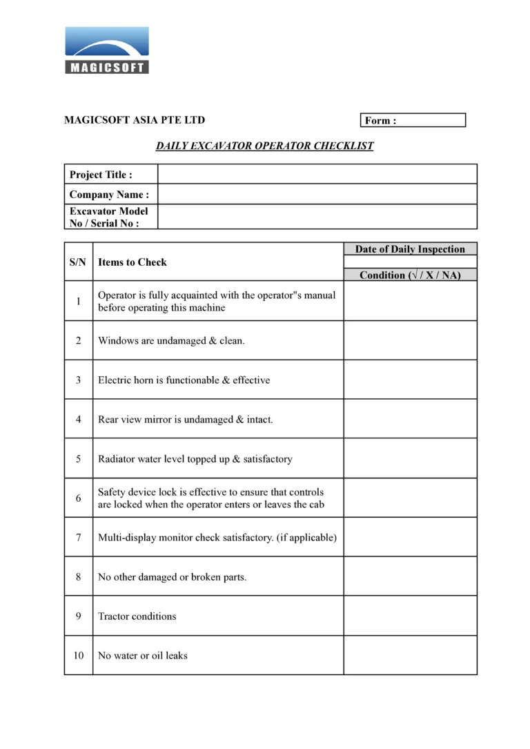 Daily Excavator Operator Checklist – Company D