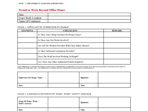 Night Work Permit Checklist