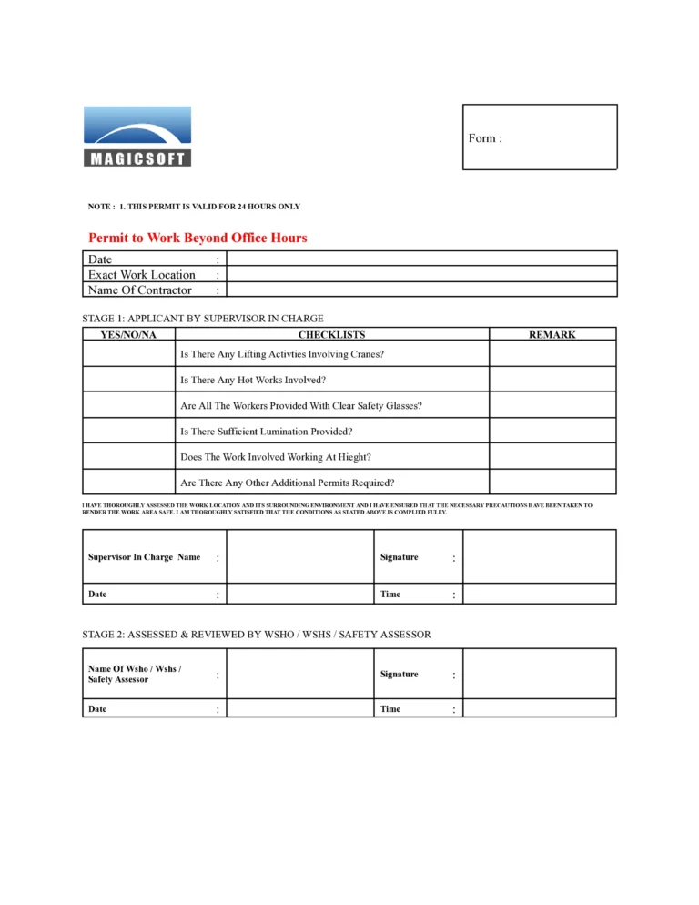 Night Work Permit Checklist