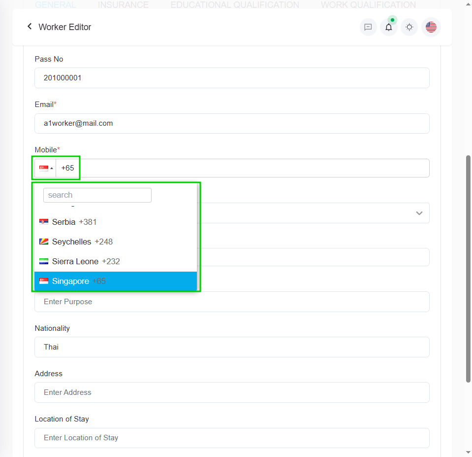 Added country code support for phone number fields.