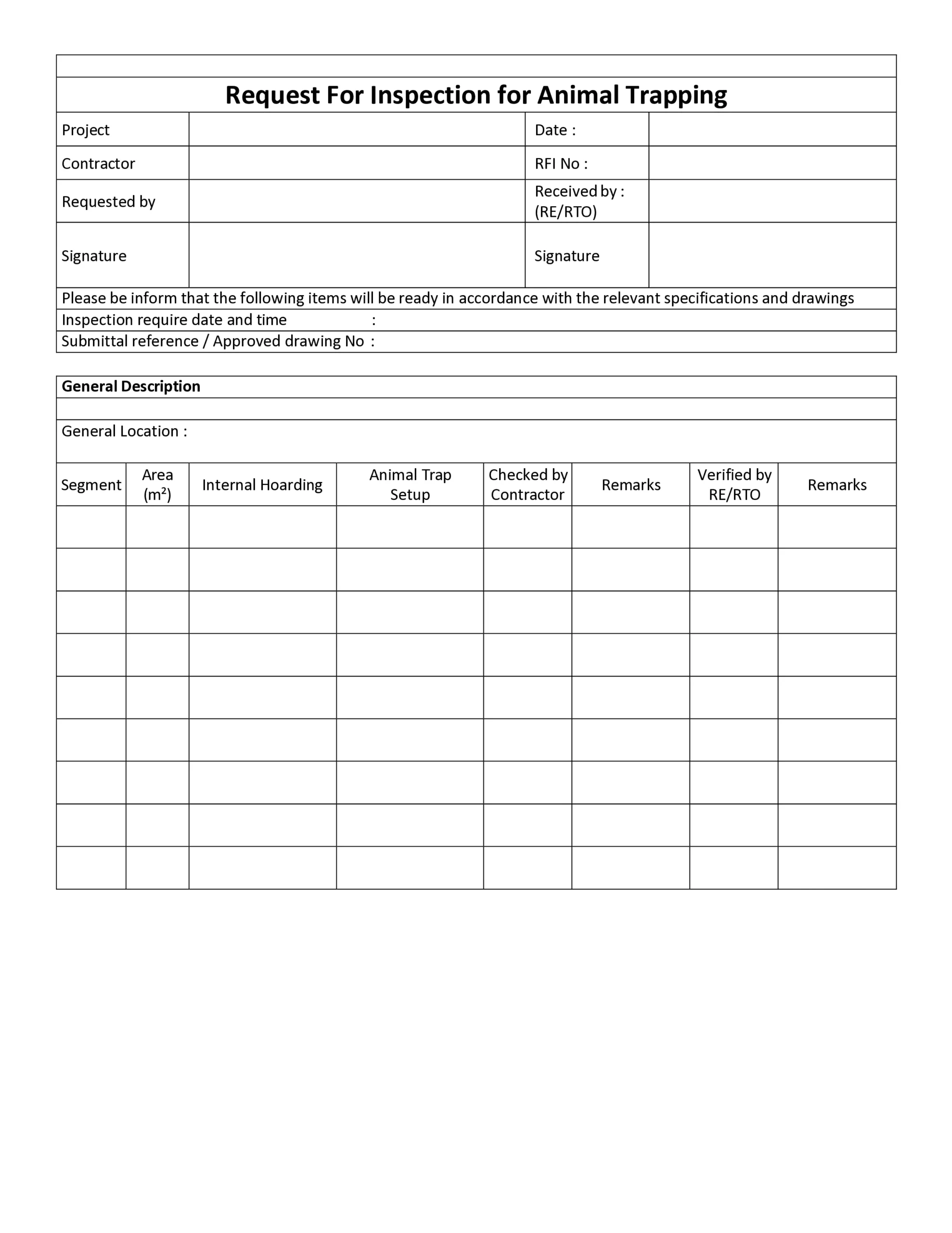 Request For Inspection for Animal Trapping