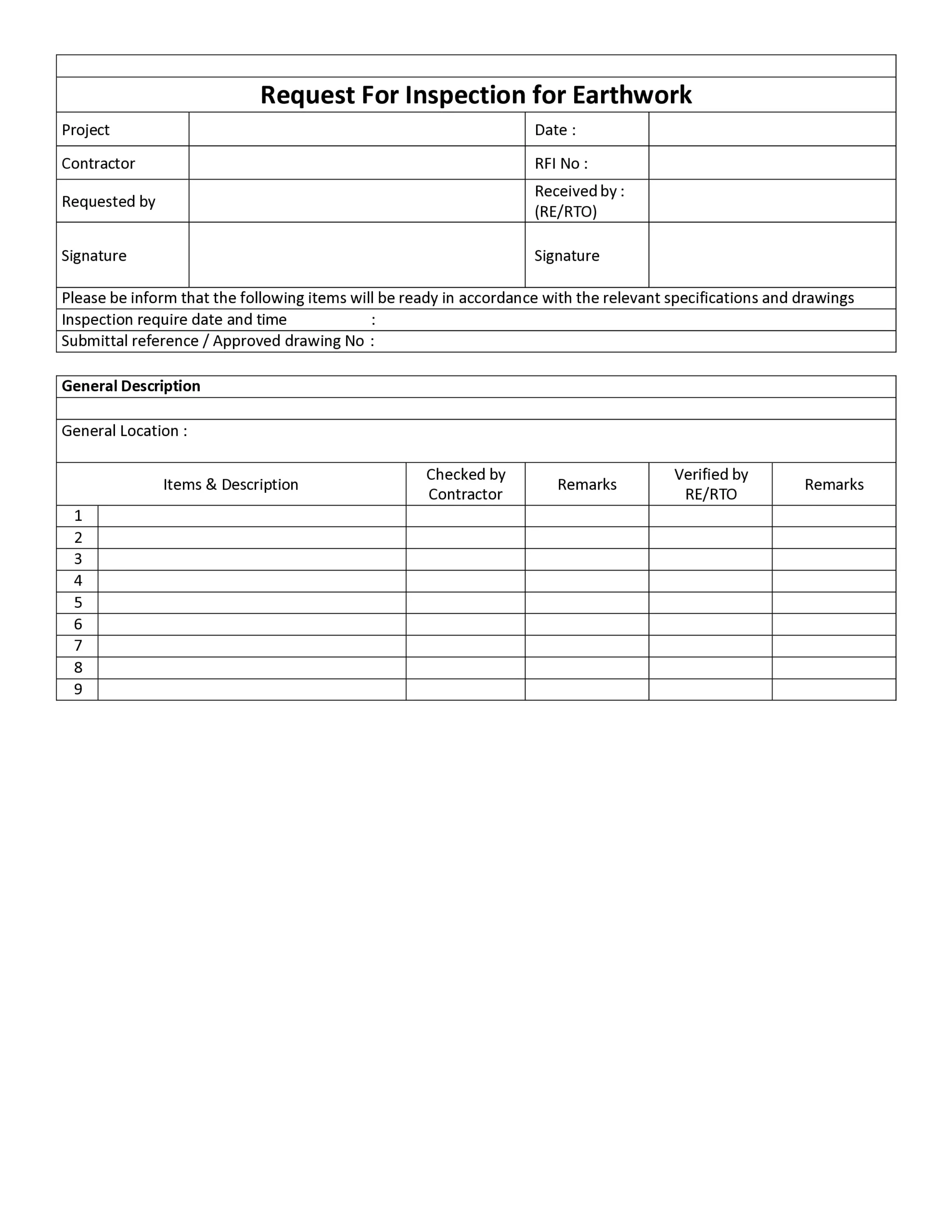 Request For Inspection for Earthwork