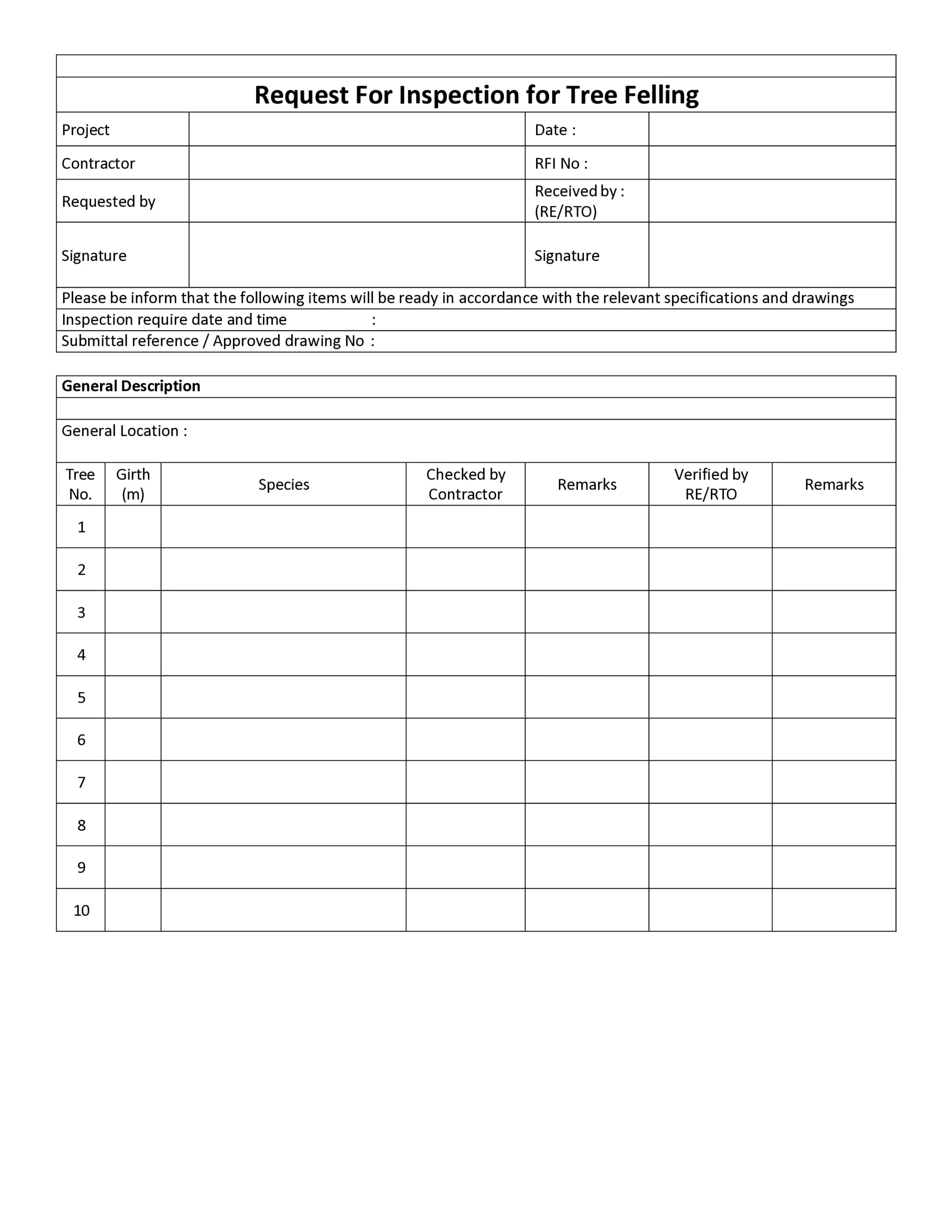 Request For Inspection for Tree Felling