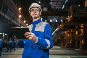 Benefits of electronic permit to work: engineer in safety gear approving a permit on a tablet at an industrial site